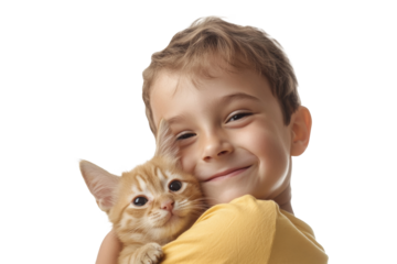 Portrait of little kid hugging adorable cat or kitty with happiness smile isolated on transparent png background.