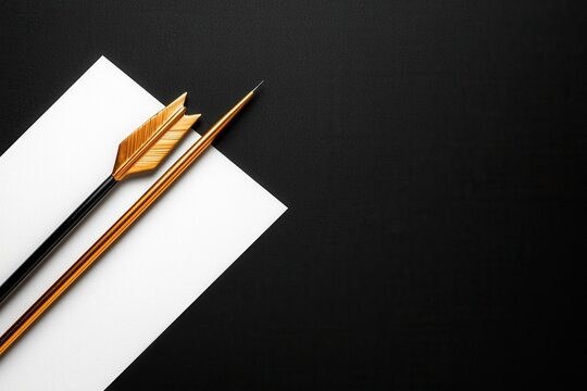 Two elegant golden arrows on a white sheet, black background.