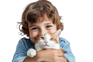 Young child cuddling adorable kitten, with happy grin, capturing heartwarming moment isolated on transparent png background.