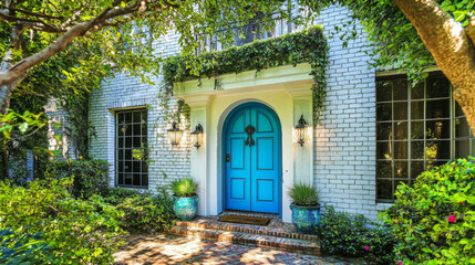 A traditional home has a bright blue front door. The entrance is made of brick, and the exterior is covered in white brick.