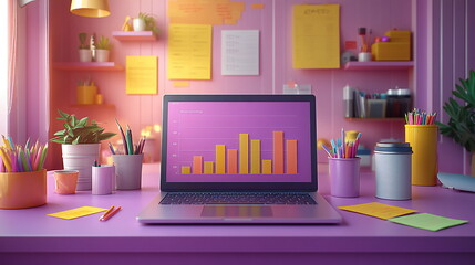 A laptop with a graph on the screen sits open on a desk with colorful pencils, plants, and sticky notes in a pink and yellow room. 