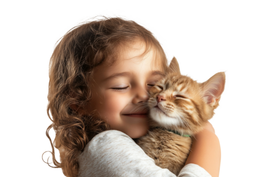 Tiny arms wrapped around fluffy kitten, little face shining with pure joy and boundless happiness isolated on transparent png background.