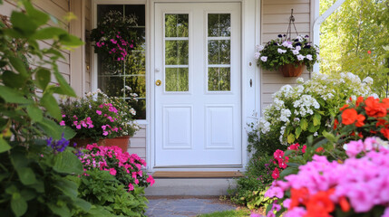 A white front door is adorned with small, square windows that let in light. Flower pots add a touch of color and life to the entryway.