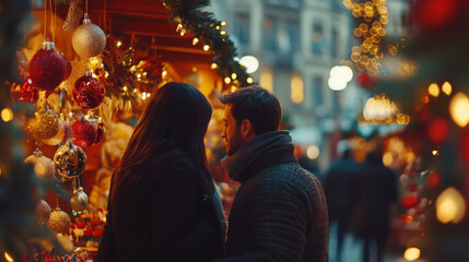 Obraz premium Couple exploring handmade ornaments at festive christmas market for holiday inspiration