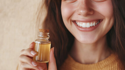 Fototapeta premium A young lady wearing a smile has a small, glass bottle near a beige wall. A close-up image.