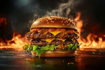 Fiery Double Meat Hamburger Surrounded by Flames. AI generated illustration