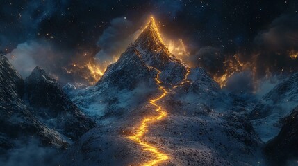 Naklejka premium Golden Light Path to Snowy Mountain Peak. AI generated illustration