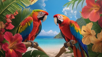 Naklejka premium Vibrant tropical beach scene with colorful parrots and exotic flowers.