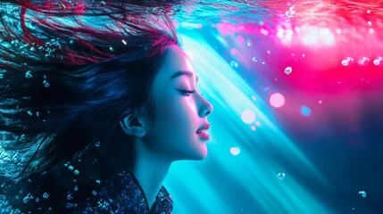 Futuristic mermaid light box with flowing hair and light beams underwater.