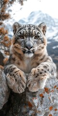 Obraz premium Close-up of a majestic snow leopard lying on a rocky ledge, surrounded by snowy mountains in the background; its fur is detailed and realistic, with deep, piercing eyes that convey the wild intensity