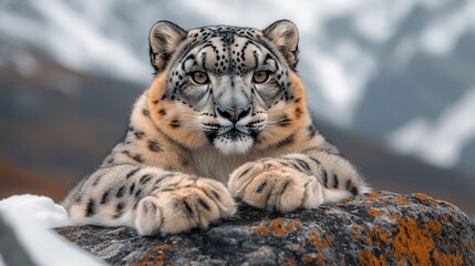 Fototapeta premium Close-up of a majestic snow leopard lying on a rocky ledge, surrounded by snowy mountains in the background; its fur is detailed and realistic, with deep, piercing eyes that convey the wild intensity