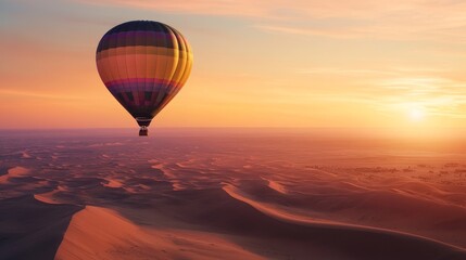 Obraz premium Hot air balloon glows over desert dunes, vast and adventurous landscape.