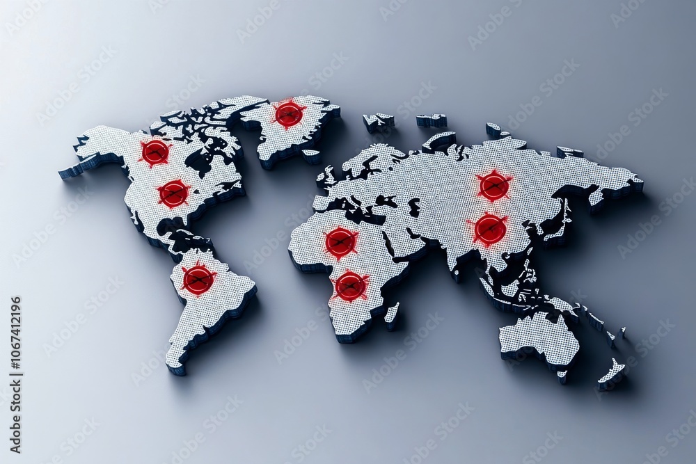 Poster watercolor of a digital world map with soft colors and red threat icons, blending technology with ar