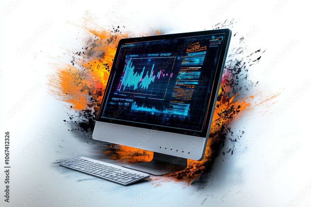 Poster Watercolor painting of a computer screen displaying live data, capturing a softer interpretation of cyber intelligence