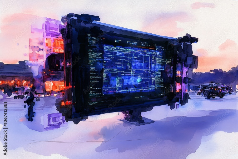 Aufkleber Watercolor painting of a computer screen displaying live data, capturing a softer interpretation of cyber intelligence