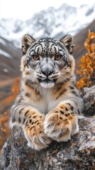 Fototapeta premium Close-up of a majestic snow leopard lying on a rocky ledge, surrounded by snowy mountains in the background; its fur is detailed and realistic, with deep, piercing eyes that convey the wild intensity