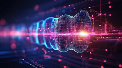 Fototapeta premium Electronic dental implant and pulse wave glowing between connecting lines. Human organ microchip data circuit code. Medical science of technology futuristic digital innovative health care. Vector HD