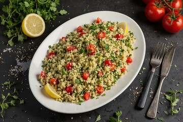 Vibrant couscous salad with cherry tomatoes and lemon garnish for healthy cuisine inspiration.