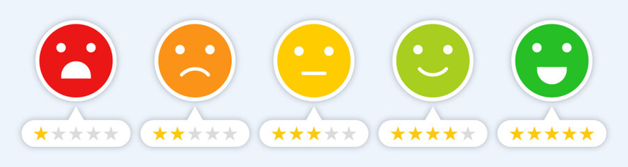 Star rating feedback emoji icon set. Star rating for a product review. Set of rating emoji vector isolated. Feedback rating emoji icon set in color. vector illustration.