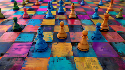 a vibrant chessboard displaying strategic planning with varied piece placements. generative ai