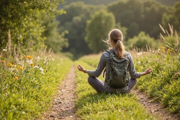 Peaceful outdoor meditation journey in nature with backpacking theme.