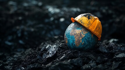 Obraz premium Earth Day Concept: Globe with Continents in a Construction Helmet on Coal. AI generated illustration