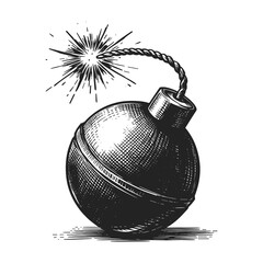 A hand-drawn sketch of a bomb with a lit fuse, showcasing a classic and dramatic designg is presented as a vector illustration