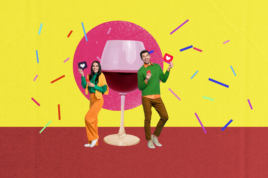 Creative collage picture young woman man bloggers popularity celebrate beverage wine glass drink cheers decorations party - Powered by Adobe