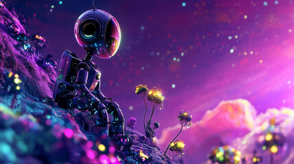 Obraz premium Close-up of a robot in a field of glowing alien flora, surrounded by a vibrant, otherworldly landscape
