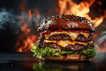 Fiery Double Meat Hamburger Surrounded by Flames. AI generated illustration