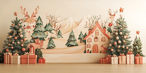 Festive Winter Wonderland with Christmas Trees and Holiday Decorations Under Mountains : Generative AI