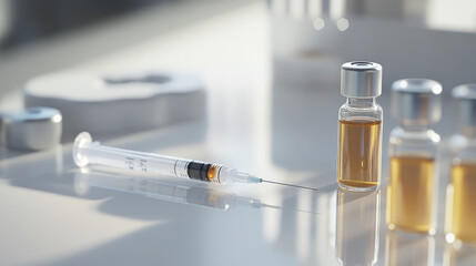 Glass vials filled with liquid and a needle on a white surface, seen up close