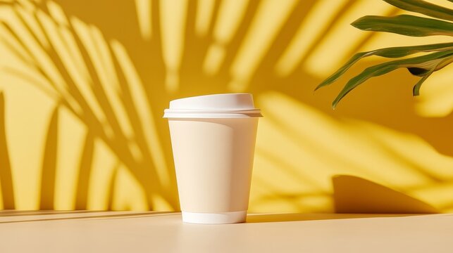 Minimalist coffee shop ad with clean lines, to-go coffee cup, bold modern typography under soft lighting.