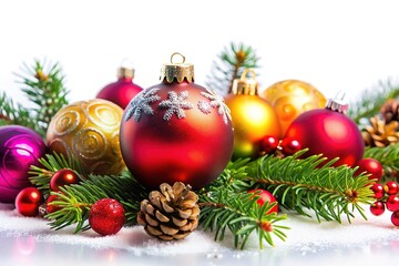 A charming festive ensemble of Christmas decorations stands out against a crisp white backdrop.