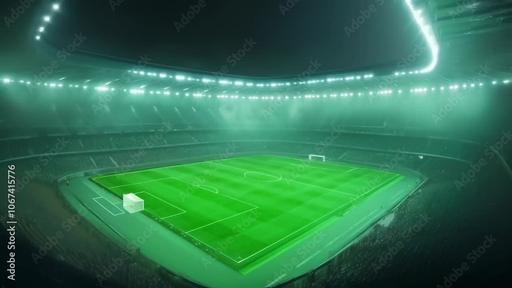 Aufkleber Foggy soccer field at night in a brightly lit stadium, with empty seats and modern architecture, creating a mysterious and moody atmosphere for the upcoming match