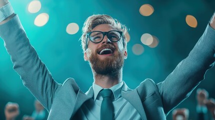 A charismatic leader delivering an inspiring speech to a large crowd, with raised arms and a passionate expression, motivating and uniting the audience.