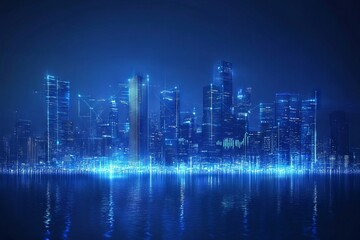 Futuristic city skyline illuminated at night, showcasing sound waves and data visualizations in a blue color theme. AI generated illustration