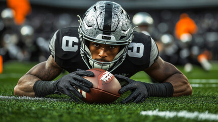 A football player is laying on the ground with a football in his hands