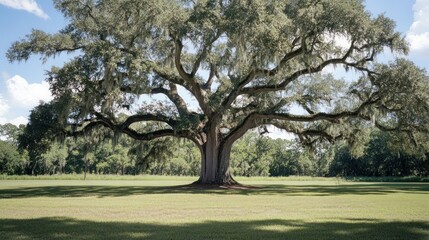 Obraz premium A large, majestic oak tree with Spanish moss hangs over a grassy field.