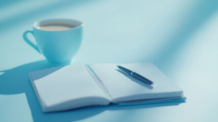 Minimalist workspace with open notebook and pen on blue background