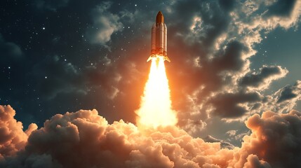 3D illustration of a rocket launching into the sky, symbolizing space exploration and military technology. AI generated illustration