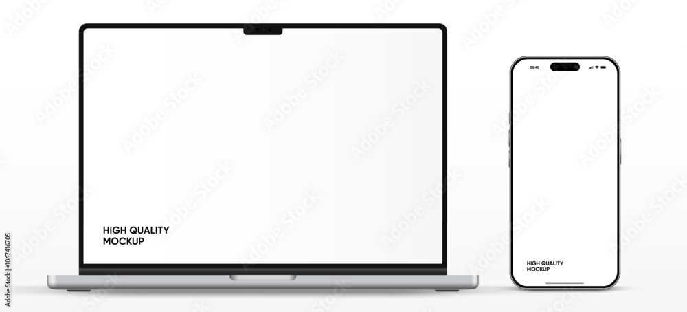 Poster Modern laptop mockup front view and high quality smartphone and tablet mockup isolated on white background. Notebook mockup and phone device mockup for ui ux app and website presentation.Stock Vector.