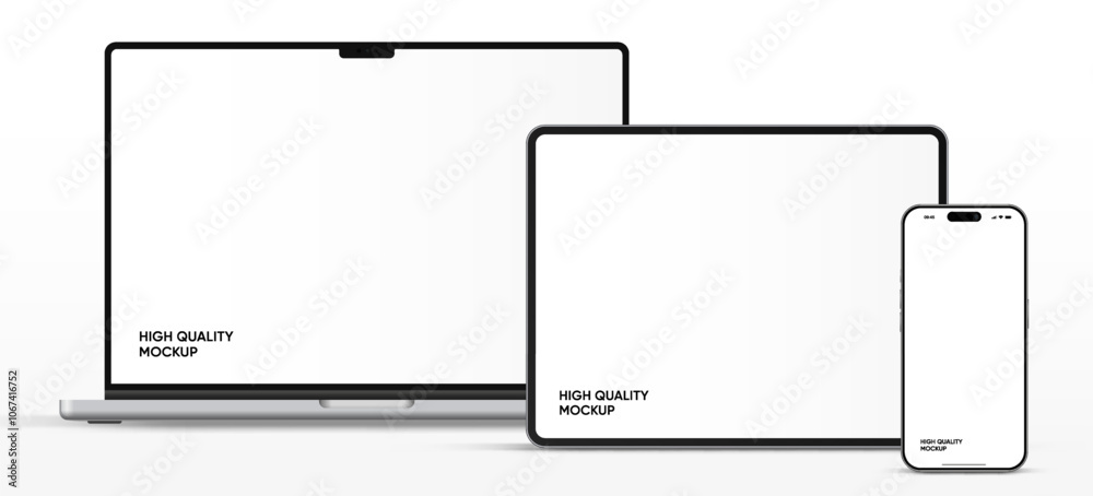Poster Modern laptop mockup front view and high quality smartphone and tablet mockup isolated on white background. Notebook mockup and phone device mockup for ui ux app and website presentation.Stock Vector.