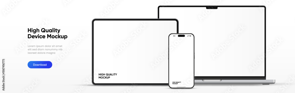Poster Modern laptop mockup front view and high quality smartphone and tablet mockup isolated on white background. Notebook mockup and phone device mockup for ui ux app and website presentation.Stock Vector.