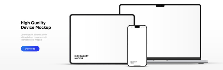 Modern laptop mockup front view and high quality smartphone and tablet mockup isolated on white background. Notebook mockup and phone device mockup for ui ux app and website presentation.Stock Vector.