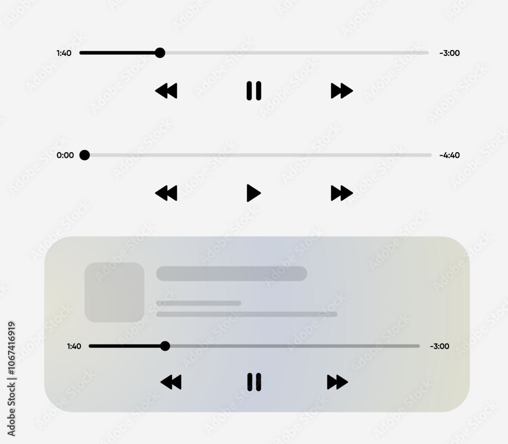 Poster Media music player interface isolated on white background. Multimedia frame template. Mockup live stream window, player. Online broadcasting. Multimedia navigation and music application.