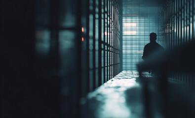 Prisoner sitting at the end of a dark prison cell