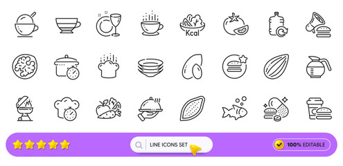 Fast food, Vegetables and Cocoa nut line icons for web app. Pack of Boiling pan, Best food, Coffeepot pictogram icons. Ice cream, Walnut, Tomato signs. Overeating pills, Dishes, Grill. Vector