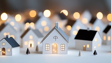 Cozy Winter Night with Lit Model Houses in Bokeh Light Atmosphere : Generative AI
