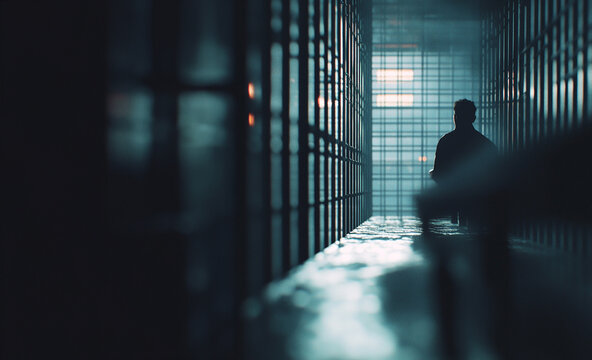 Prisoner sitting at the end of a dark prison cell